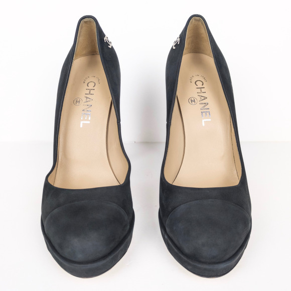 CHANEL Black Calfskin Leather Cap Toe CC Platform Pumps Women's FR 39.5 US 8.5 - Picture 7 of 11